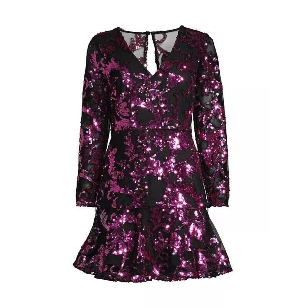 Milly‎ NWT Sequined Long-Sleeve Minidress in Black/Pink Size 2 MSRP $525
